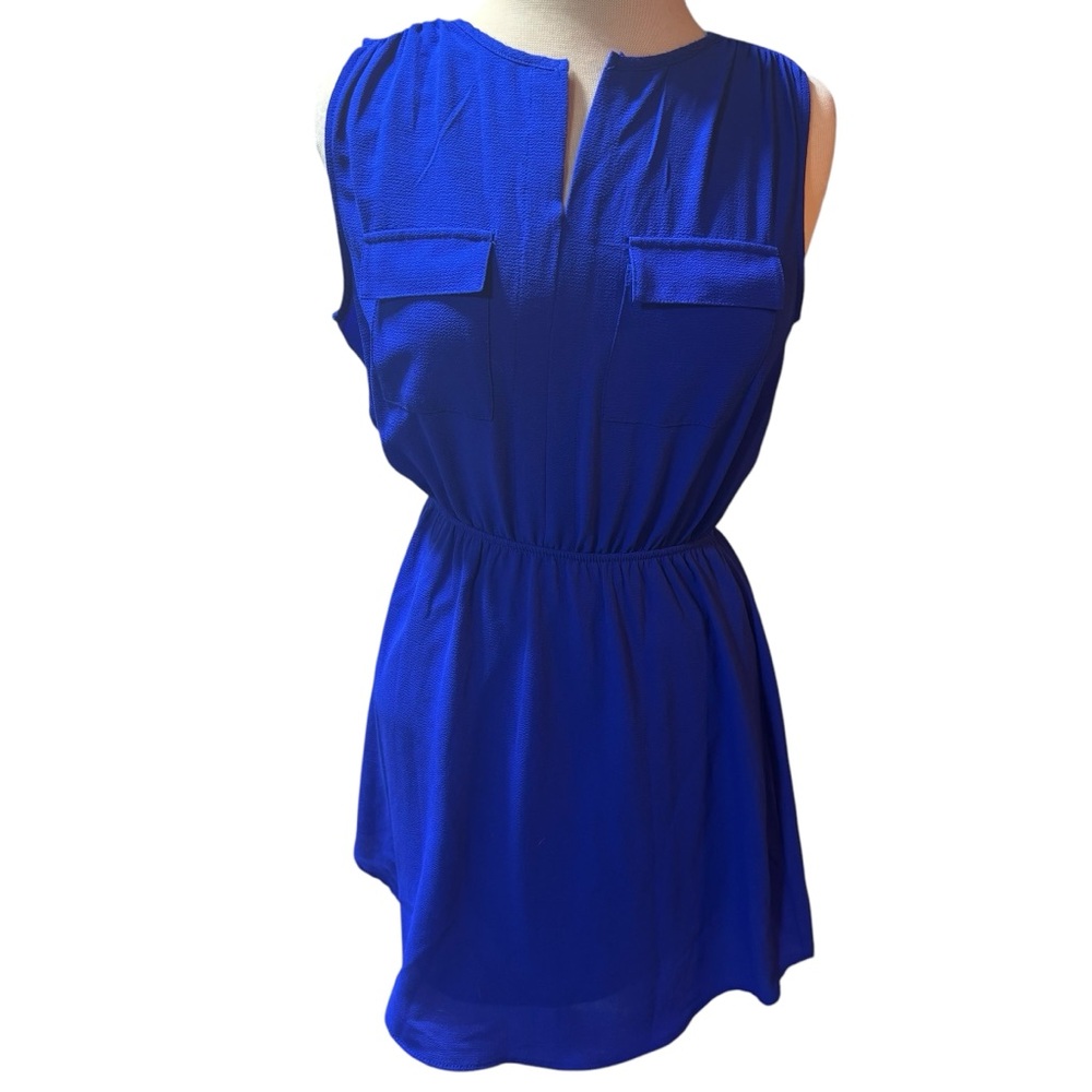 Royal Blue Sleeveless Mini Dress Elastic Waist‎ Split Neck Textured Crepe #299